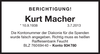 Traueranzeige von Kurt Macher von Pegnitz-Zeitung